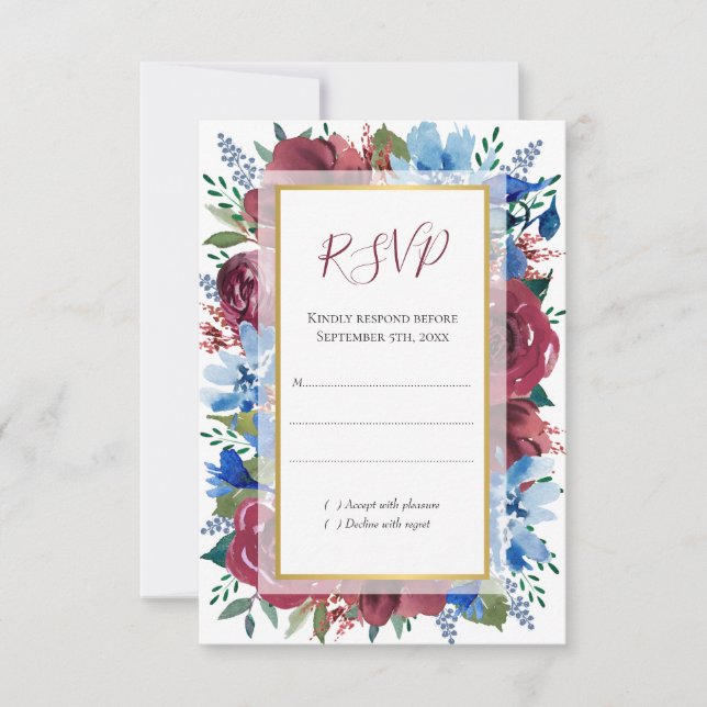 Tarjeta De Confirmación De Asistencia Boda Blue Burgundy Botandy Floral Gold (Anverso)