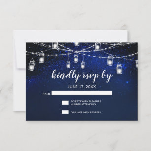 Tarjeta De Confirmación De Asistencia Boda Blue Night Silver Mason Jar String Lights