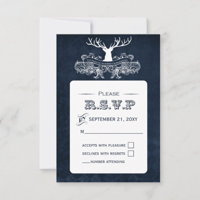 Tarjeta De Confirmación De Asistencia Boda Blue Rustic Antler Deer Winter Woodland (Anverso)