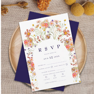 Tarjeta De Confirmación De Asistencia Boda Boho de Flores Silvestres Azul Marino y Blanc