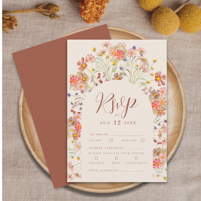 Tarjeta De Confirmación De Asistencia Boda boho de otoño en terracota (Boho fall wildflower rustic floral arch burgundy and ivory cream wedding rsvp card Elegant script)