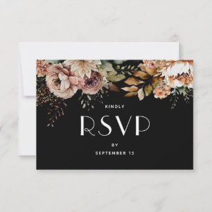 Tarjeta De Confirmación De Asistencia Boda Boho Floral Negra Elegante Elección de Comi