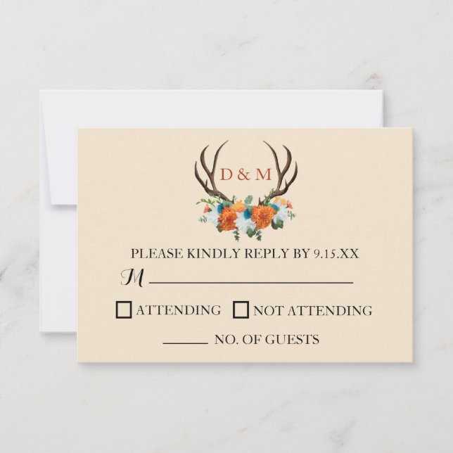 Tarjeta De Confirmación De Asistencia Boda BOHO Rústico Floral Antlers (Anverso)