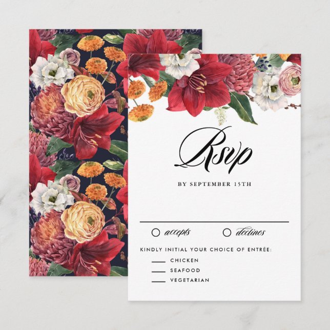 Tarjeta De Confirmación De Asistencia Boda Botánica de Invierno Red Amaryllis (Anverso / Reverso)