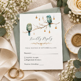 Tarjeta De Confirmación De Asistencia Boda Botánica Elegante de Pájaros Azules en el Bos