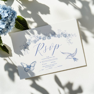 Tarjeta De Confirmación De Asistencia Boda Botánica Floral Chinoiserie Azul