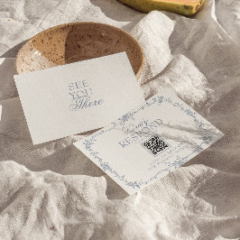 Tarjeta De Confirmación De Asistencia Boda Botánico Código QR Floral Azul Polvoriento Bo