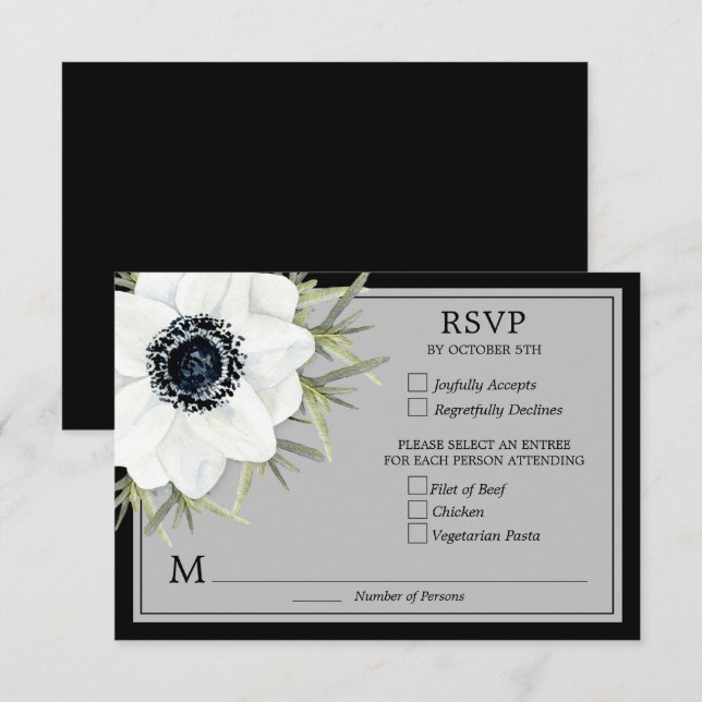 Tarjeta De Confirmación De Asistencia Boda Botánico de Anemones Blancos y Negros (Anverso / Reverso)