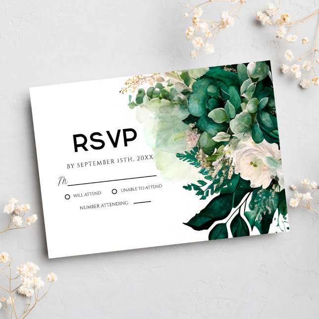 Tarjeta De Confirmación De Asistencia Boda Botánico de Floral Verde Esmeralda (Emerald Green Floral Botanical Wedding RSVP Card)