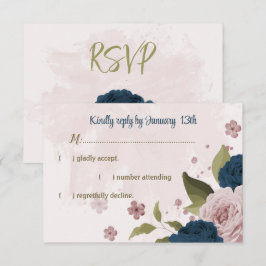 Tarjeta De Confirmación De Asistencia boda botánico de flores azul marino rosa