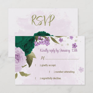 Tarjeta De Confirmación De Asistencia boda botánico de flores moradas verdes esmeraldas