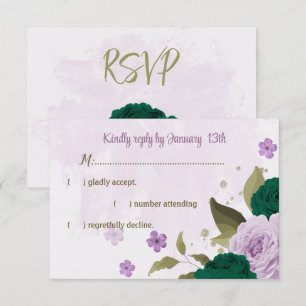 Tarjeta De Confirmación De Asistencia boda botánico de flores moradas verdes esmeraldas