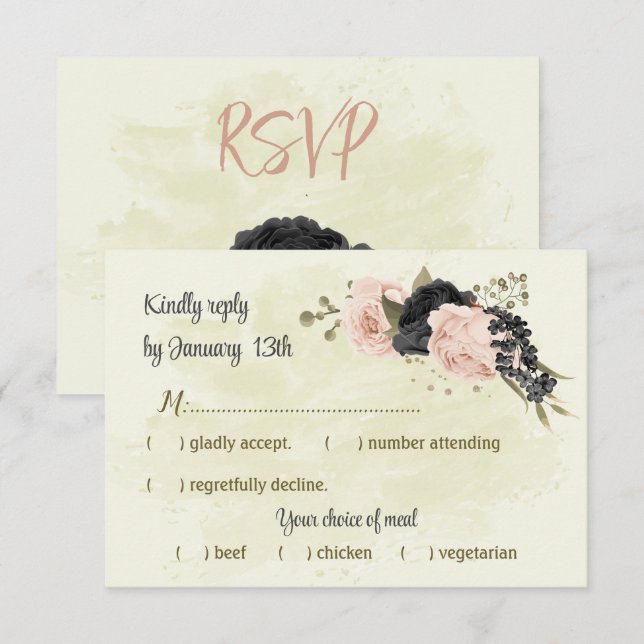 Tarjeta De Confirmación De Asistencia boda botánico de flores rosadas negras (Anverso / Reverso)
