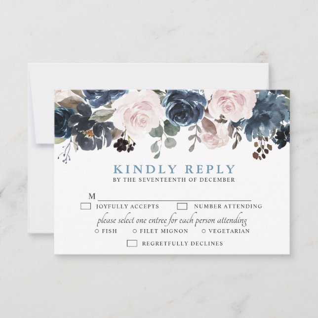 Tarjeta De Confirmación De Asistencia Boda Botánico Dusty Blue Rubor Pink Floral (Anverso)
