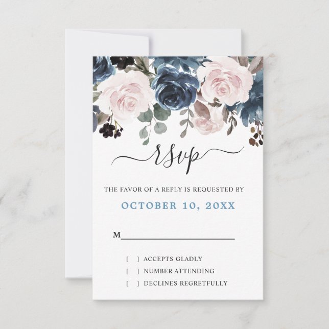 Tarjeta De Confirmación De Asistencia Boda Botánico Dusty Blue Rubor Pink Floral (Anverso)