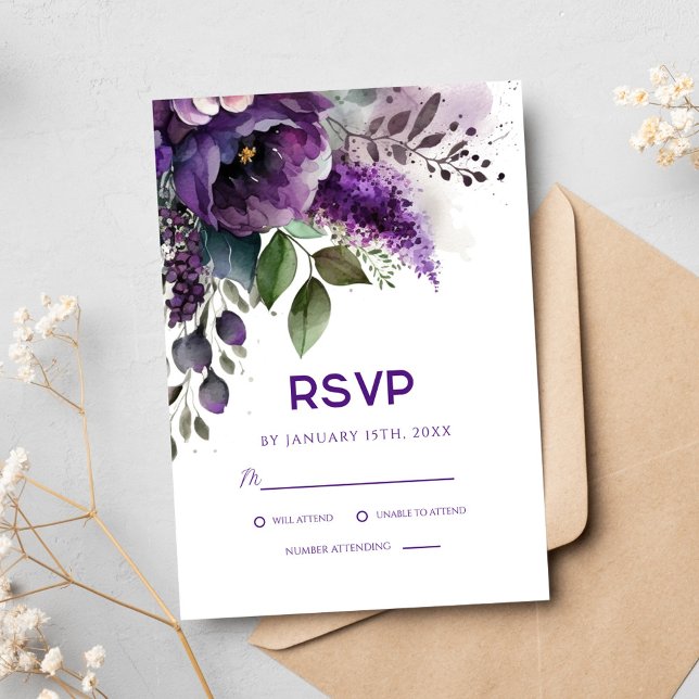 Tarjeta De Confirmación De Asistencia Boda Botánico Elegante Morado Floral (Purple Floral Botanical Elegant Modern Wedding RSVP Card)
