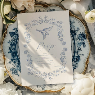 Tarjeta De Confirmación De Asistencia Boda Botánico Floral Blue Chinoiserie