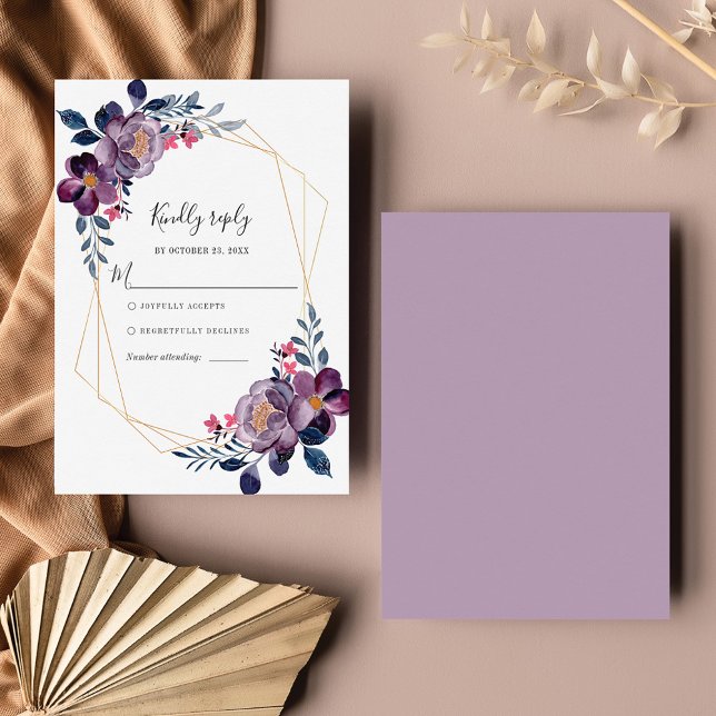 Tarjeta De Confirmación De Asistencia Boda Botánico Geométrico Morado Floral (Purple Floral Navy Blue Flowers Wedding RSVP Card)