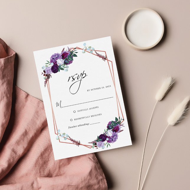 Tarjeta De Confirmación De Asistencia Boda Botánico Geométrico Morado Floral (Subido por el creador)