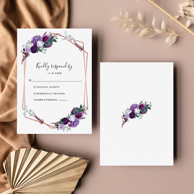 Tarjeta De Confirmación De Asistencia Boda Botánico Geométrico Morado Floral (Purple Floral Geometric Wedding RSVP Enclosure Card)