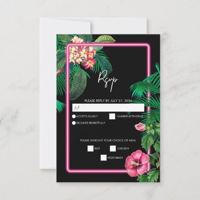 Tarjeta De Confirmación De Asistencia Boda Botánico Retro Tropical Neón Rosa (Anverso)