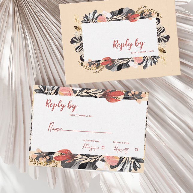 Tarjeta De Confirmación De Asistencia Boda Botánico Romántico Rubor & Black Floral (Romantic Blush & Black Floral Botanical Wedding RSVP Card)