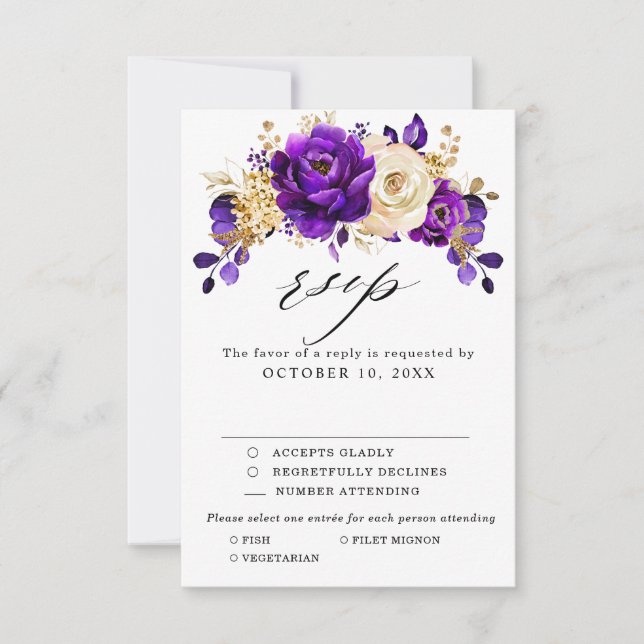 Tarjeta De Confirmación De Asistencia Boda Botánico Royal Purple Violet Gold Floral (Anverso)