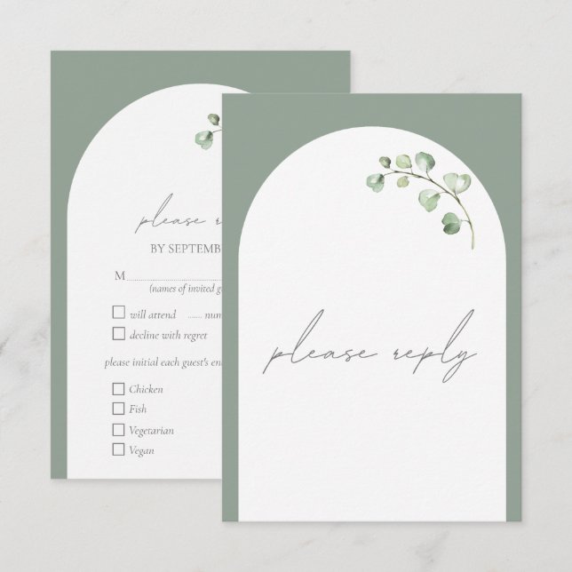 Tarjeta De Confirmación De Asistencia Boda Botánico Sage Green Arch Comidas (Anverso / Reverso)