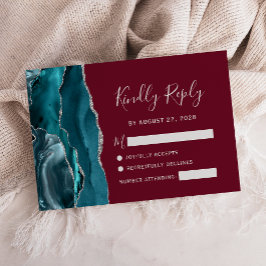 Tarjeta De Confirmación De Asistencia Boda Burgundy Ágata Plateada Verde Teal