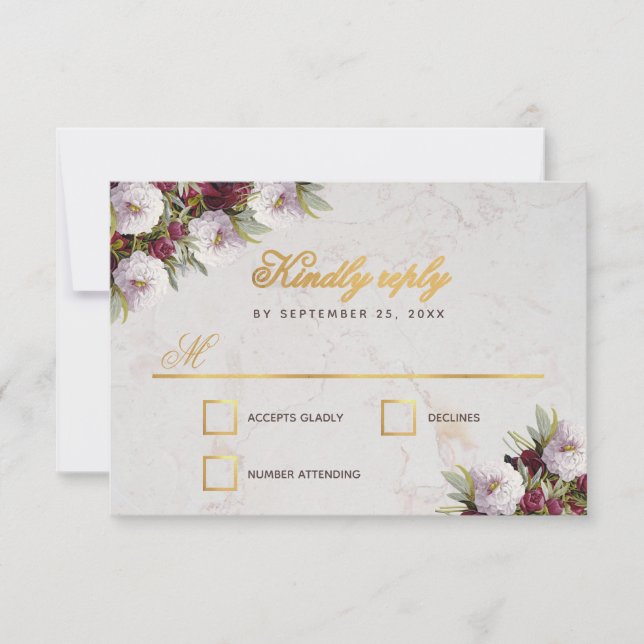Tarjeta De Confirmación De Asistencia Boda Burgundy Peonies Faux Gold Marble (Anverso)