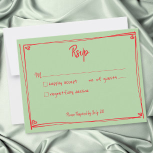 Tarjeta De Confirmación De Asistencia Boda caprichosa corazón dibujado a mano verde rojo