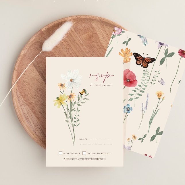 Tarjeta De Confirmación De Asistencia Boda caprichosa de margarita amarilla y flores sil (Whimsical Daisy Yellow Wildflowers Wedding RSVP Card)