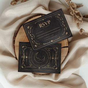 Tarjeta De Confirmación De Asistencia Boda Celestial Black & Faux Gold Tarot