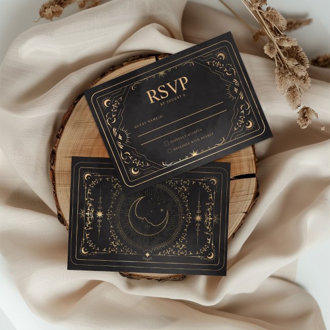 Tarjeta De Confirmación De Asistencia Boda Celestial Black & Faux Gold Tarot (Subido por el creador)