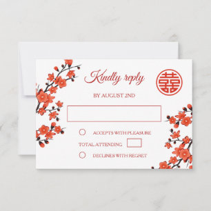 Tarjeta De Confirmación De Asistencia Boda chino con flores de cerezo rojo