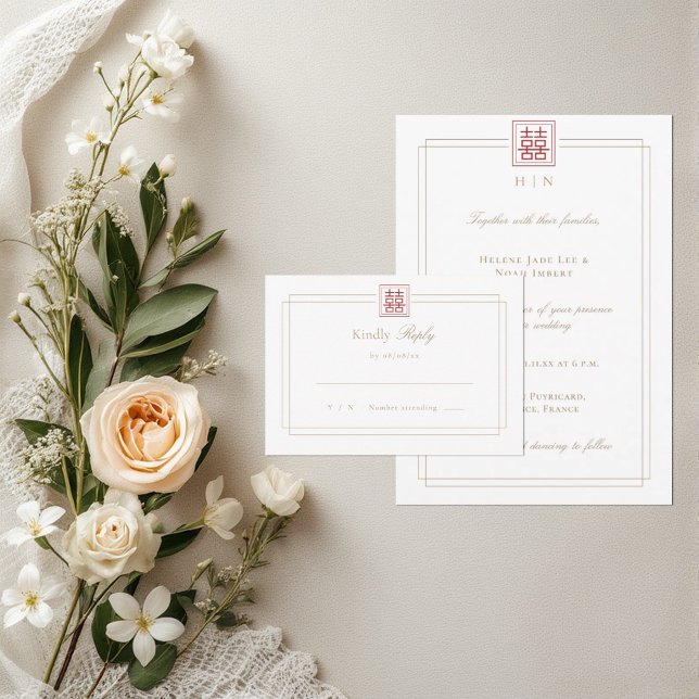 Tarjeta De Confirmación De Asistencia Boda chino elegante y moderno de doble felicidad (Subido por el creador)