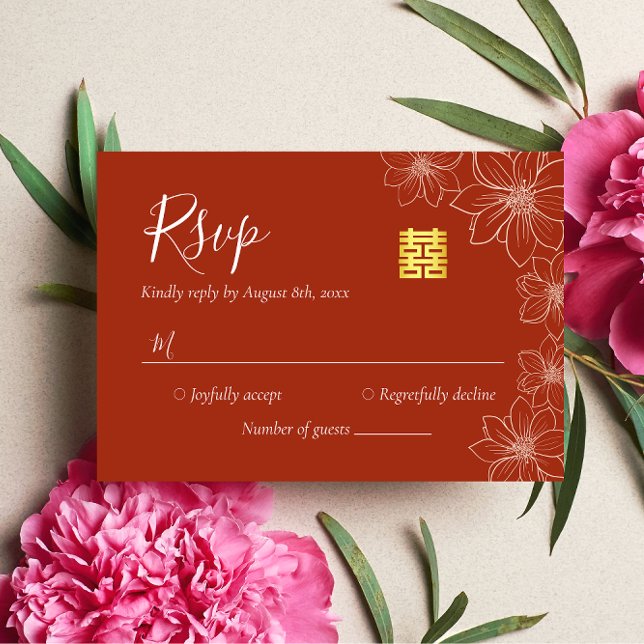 Tarjeta De Confirmación De Asistencia Boda chino floral rojo Boho (Subido por el creador)