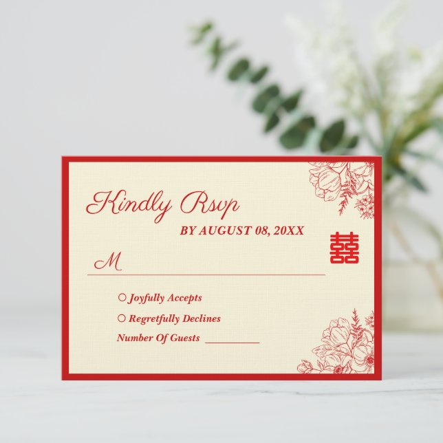 Tarjeta De Confirmación De Asistencia Boda chino rojo beige floral oriental (Anverso de pie)
