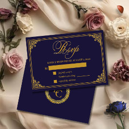 Tarjeta De Confirmación De Asistencia Boda Clásica con Marco de Oro y Monograma Real