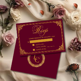 Tarjeta De Confirmación De Asistencia Boda Clásica con Marco de Oro y Monograma Real