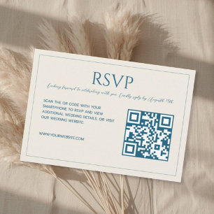 Tarjeta De Confirmación De Asistencia Boda código QR azul beige minimalista moderna