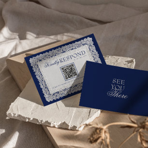 Tarjeta De Confirmación De Asistencia Boda Código QR de Doily de Encaje Azul Royale Old