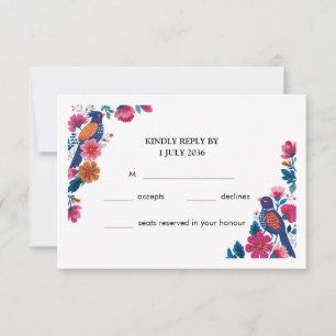 Tarjeta De Confirmación De Asistencia Boda Colorida Boho Folk Pájaros y Flores