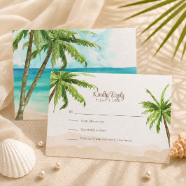 Tarjeta De Confirmación De Asistencia Boda con acuarela de playa costera con palmeras