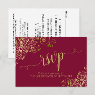 Tarjeta De Confirmación De Asistencia Boda con caligrafía y encaje dorado y color burdeo