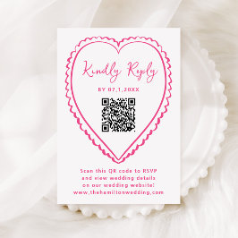 Tarjeta De Confirmación De Asistencia Boda con código QR de corazón rosa caprichoso