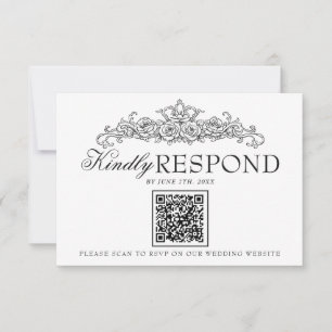 Tarjeta De Confirmación De Asistencia Boda con código QR de dinero antiguo en blanco y n