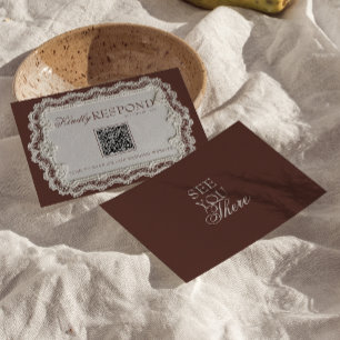 Tarjeta De Confirmación De Asistencia Boda con código QR de encaje marrón chocolate vint