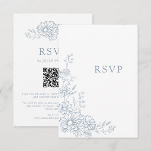 Tarjeta De Confirmación De Asistencia Boda con código QR de margarita botánica azul polv