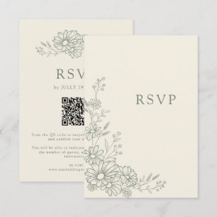 Tarjeta De Confirmación De Asistencia Boda con código QR de margarita botánica verde sal